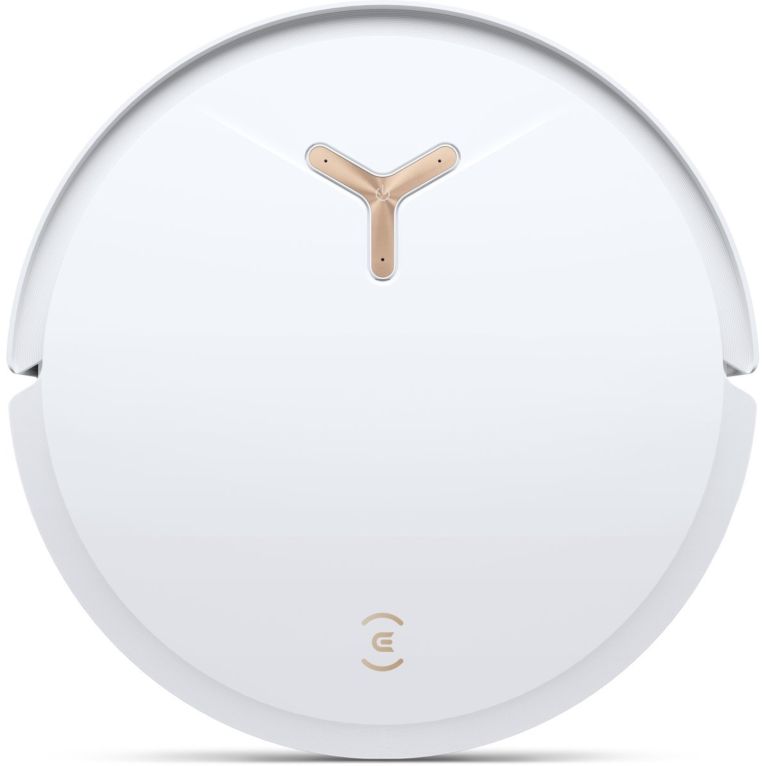 Un aspirateur robot blanc et doré. Il a une forme ronde avec un design doré en forme de Y et un logo de marque en bas.