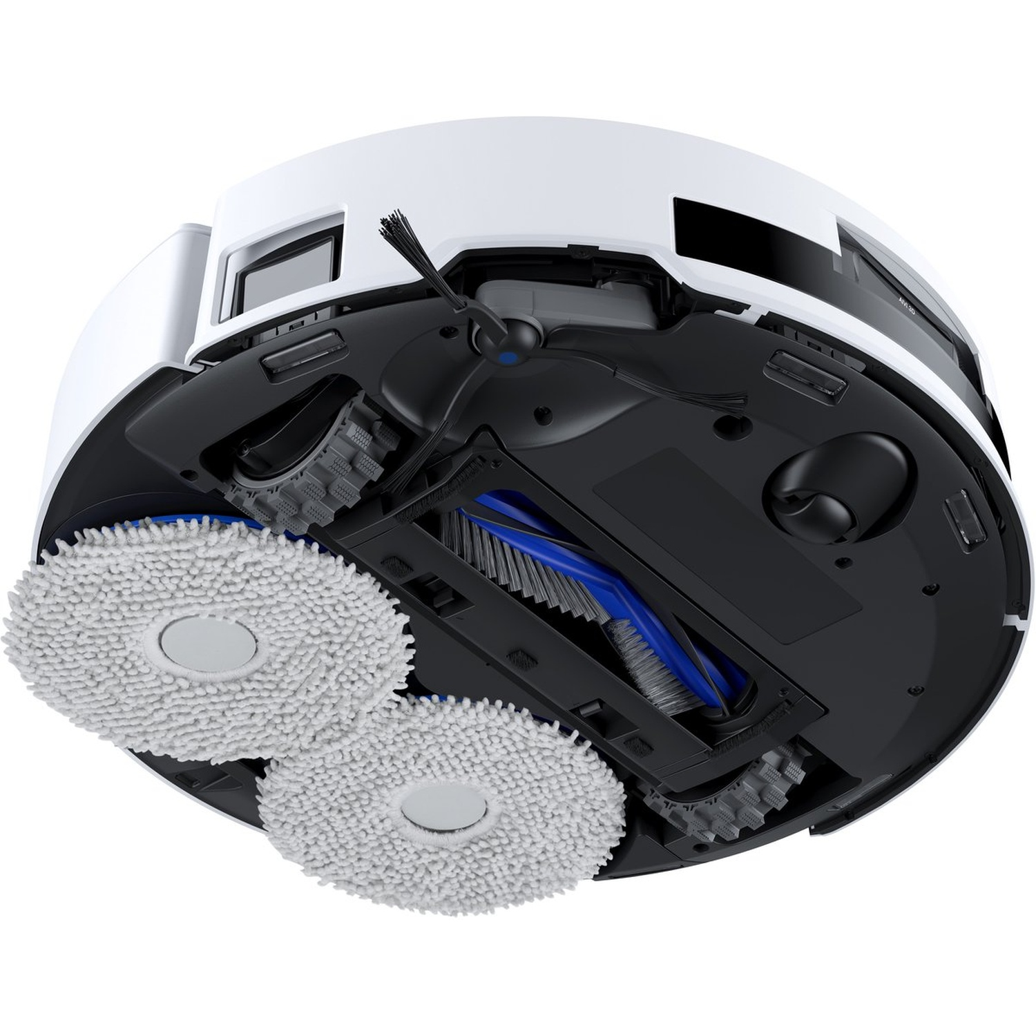 Un aspirateur robot blanc et noir. Il possède deux tampons de nettoyage circulaires, une brosse bleue et une base noire avec des roues.