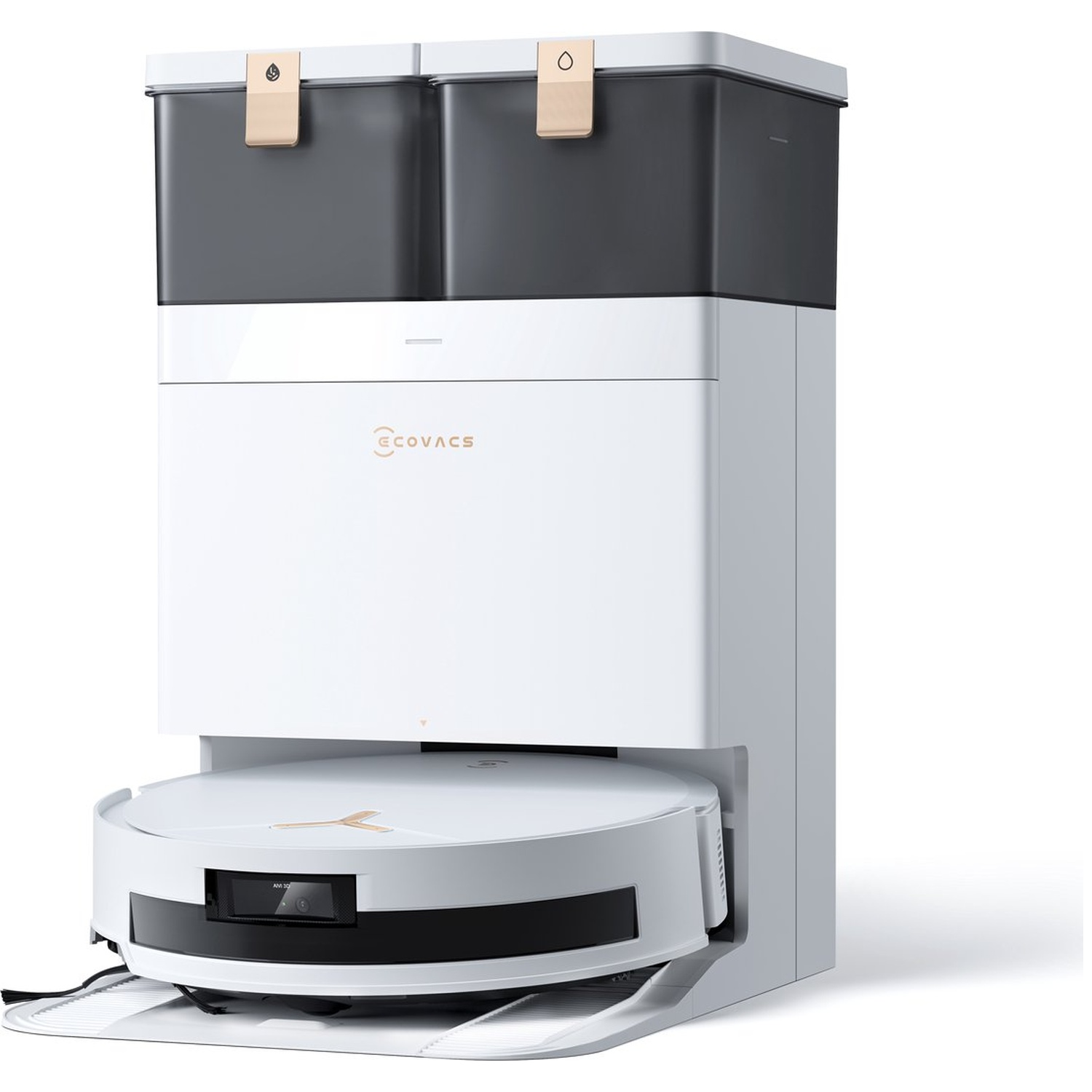 Un aspirateur robot blanc et gris avec une station d'accueil. Il a une base arrondie et un dessus rectangulaire avec des conteneurs.