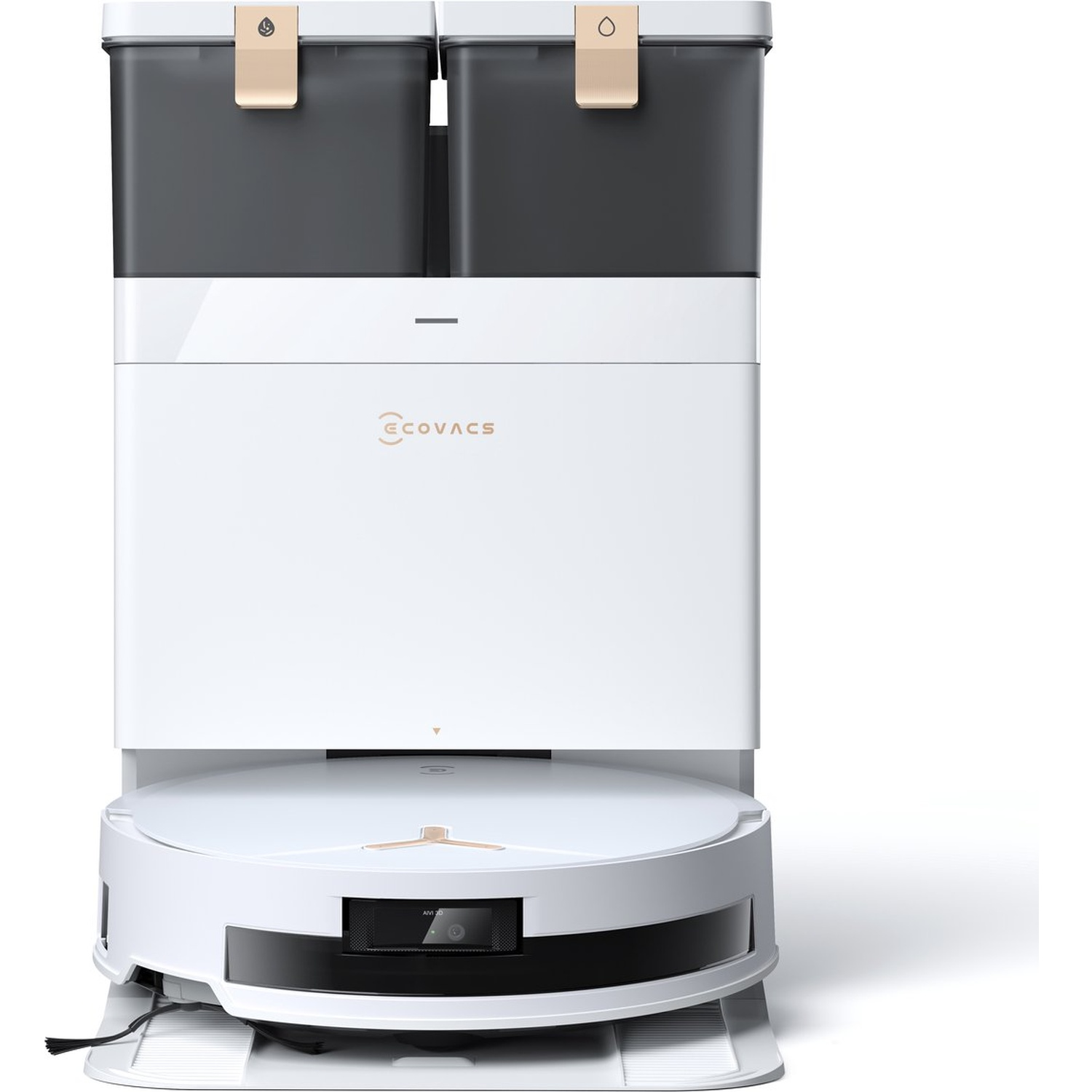 Un aspirateur robot Ecovacs blanc et noir. Il possède deux conteneurs noirs supérieurs avec des accents dorés et une base circulaire.