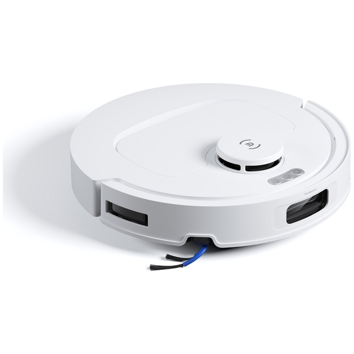 Een witte, ronde robotstofzuiger met een laag profiel. Het heeft sensoren, knoppen en borstels, tegen een witte achtergrond.