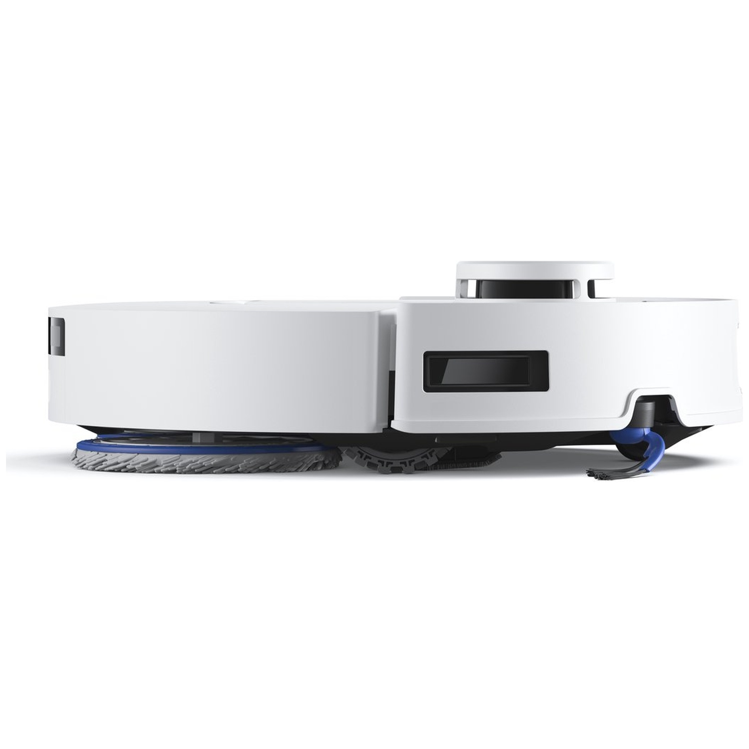 Een witte en grijze robotstofzuiger. Hij heeft een ronde borstel, twee wielen en een blauw reinigingsonderdeel.