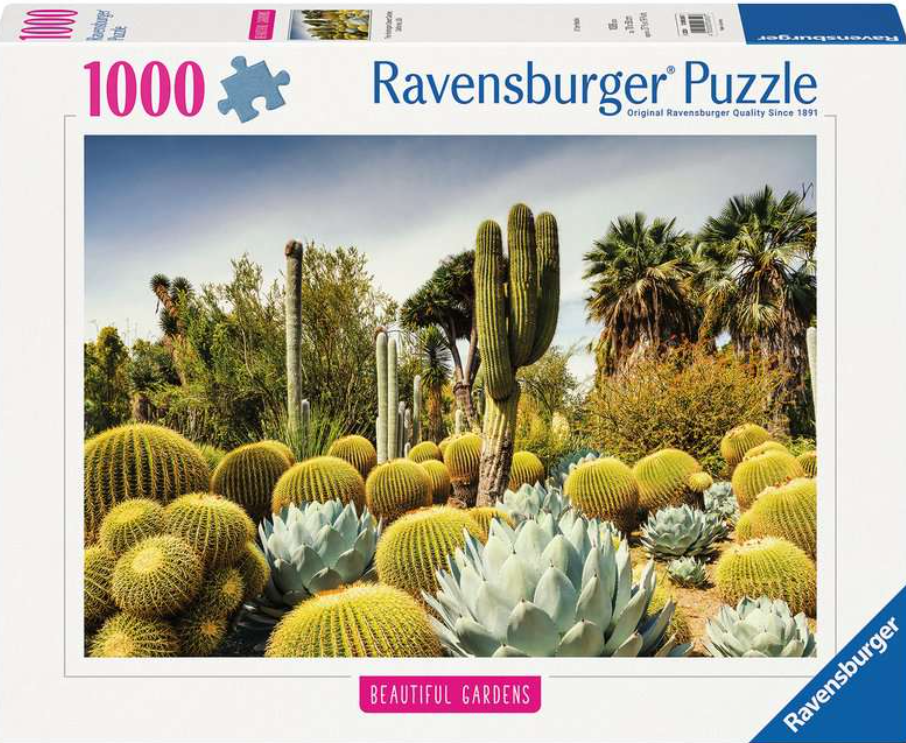 Puzzledose mit einer Wüstenlandschaft. Runde Kakteen und hohe, grüne Kakteen im Vordergrund, Palmen im Hintergrund.