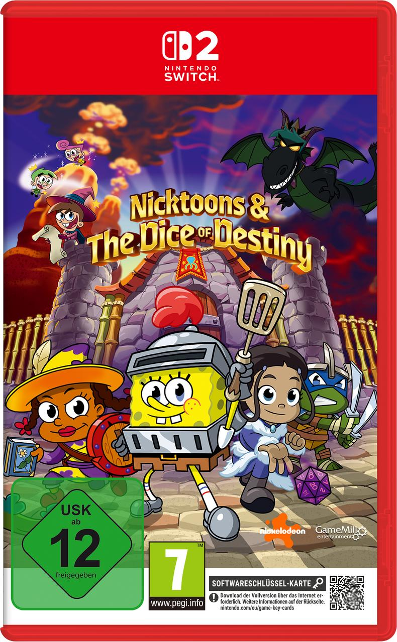Spielbox-Art für Nicktoons & The Dice of Destiny. Zeigt Spongebob, Aang und andere vor einer Burg. Das Nintendo Switch-Logo befindet sich oben.