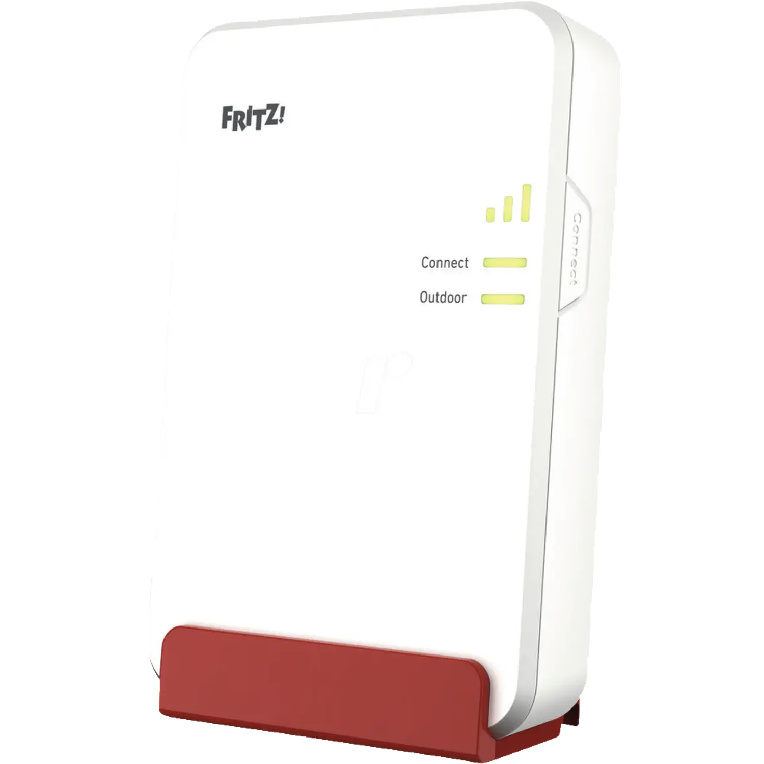 White and red FRITZ! repeater. It has connect and outdoor indicators. The device is standing on a red stand.