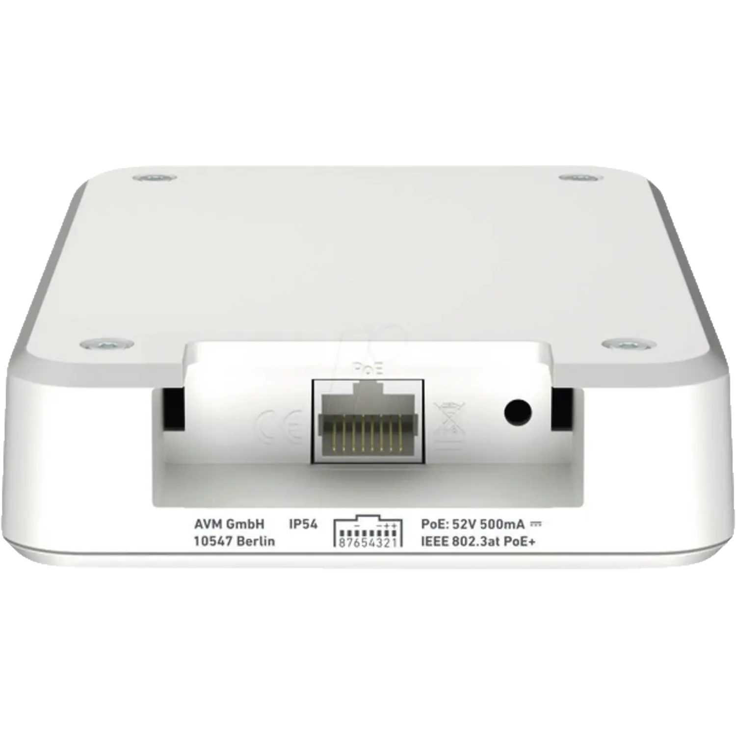 A white, rectangular network device with an Ethernet port and technical information printed on it.