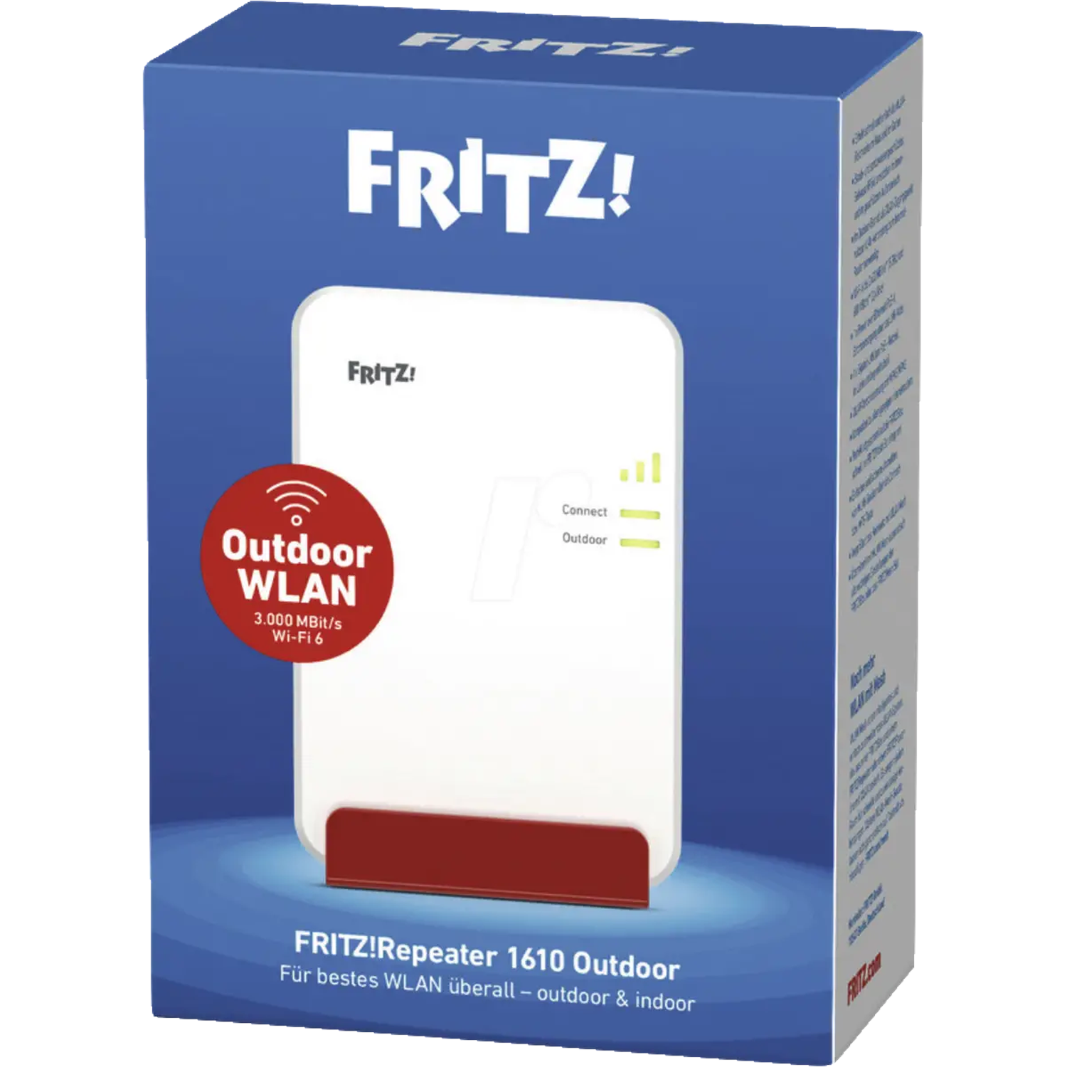 Box of a white FRITZ!Repeater 1610 Outdoor. It has a red base and a red circle with WLAN text. Blue background.