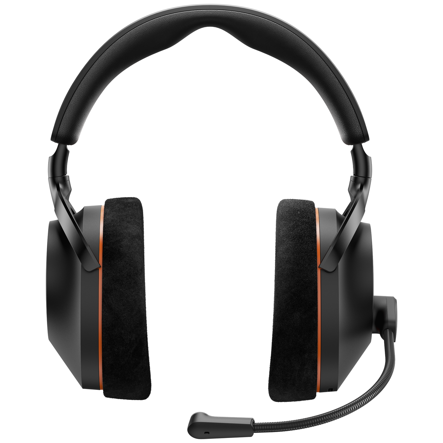 Zwarte gaming headset met oranje accenten. Voorzien van oorschelpen, hoofdband en flexibele microfoon. Op witte achtergrond.
