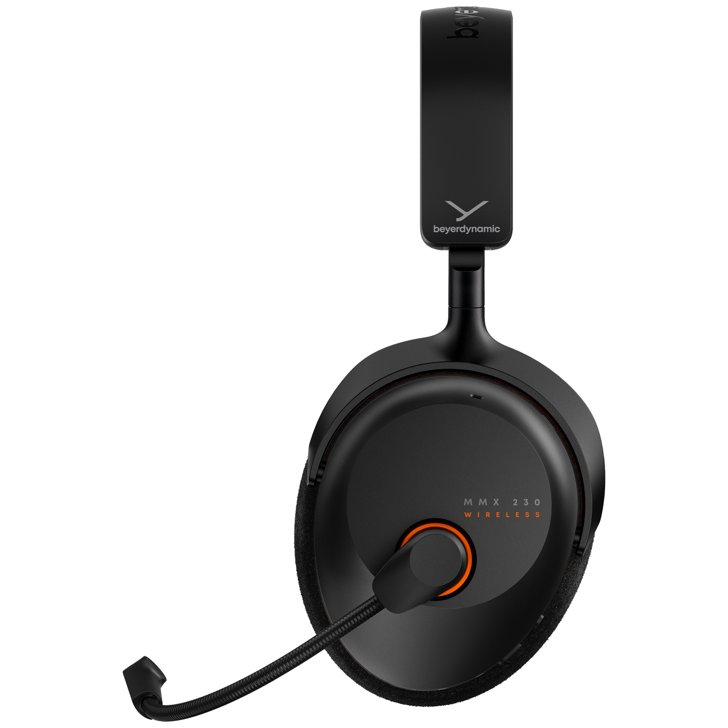 Zwarte Beyerdynamic MMX 230 draadloze headset. Met microfoon, oorschelpen en verstelbare hoofdband. Oranje accenten.