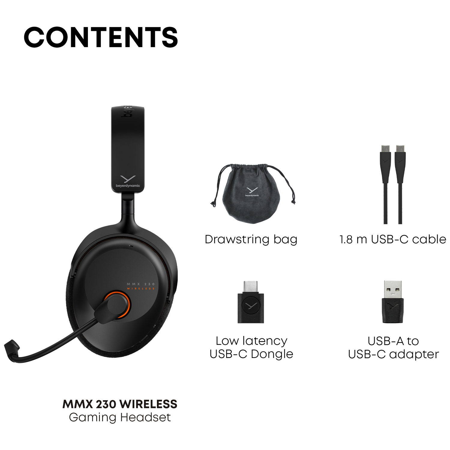 Afbeelding toont de inhoud van de MMX 230 draadloze gamingheadset: headset, zakje met trekkoord, USB-C-kabel, dongle en adapter.