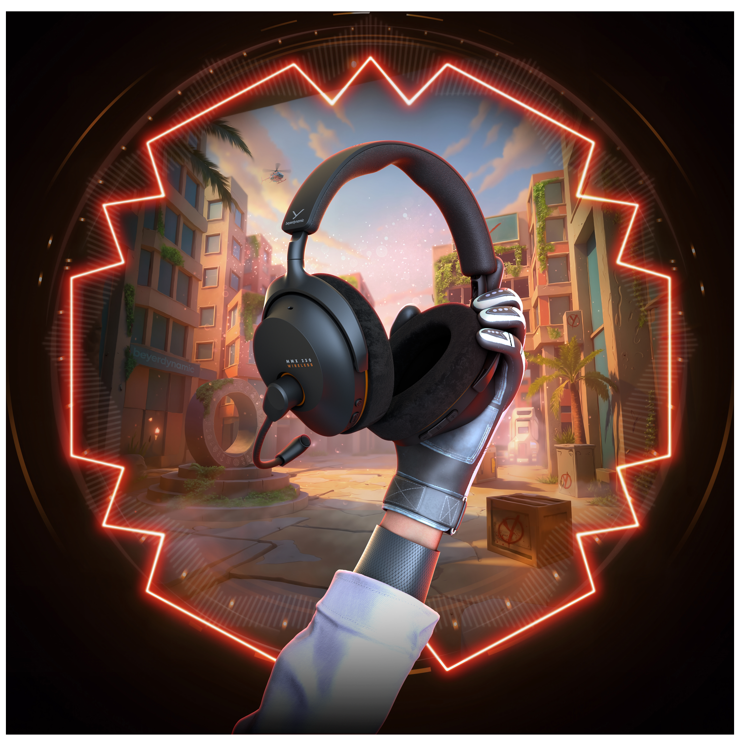 Een hand met een futuristische handschoen houdt een zwarte headset vast tegen een gestileerd stadslandschap met een rode gloed.