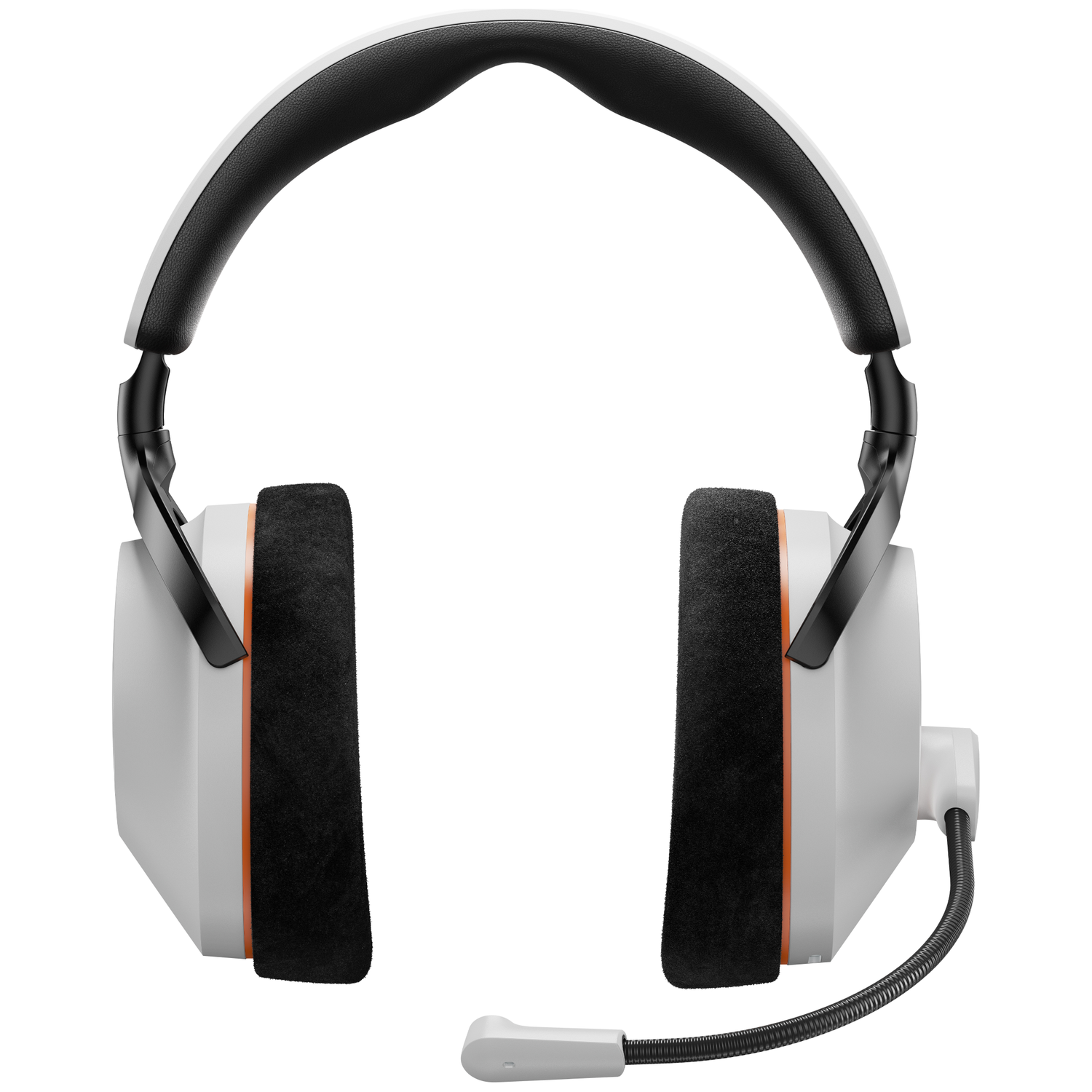 White and black gaming headset. It has black ear pads, an orange trim, and a flexible microphone.