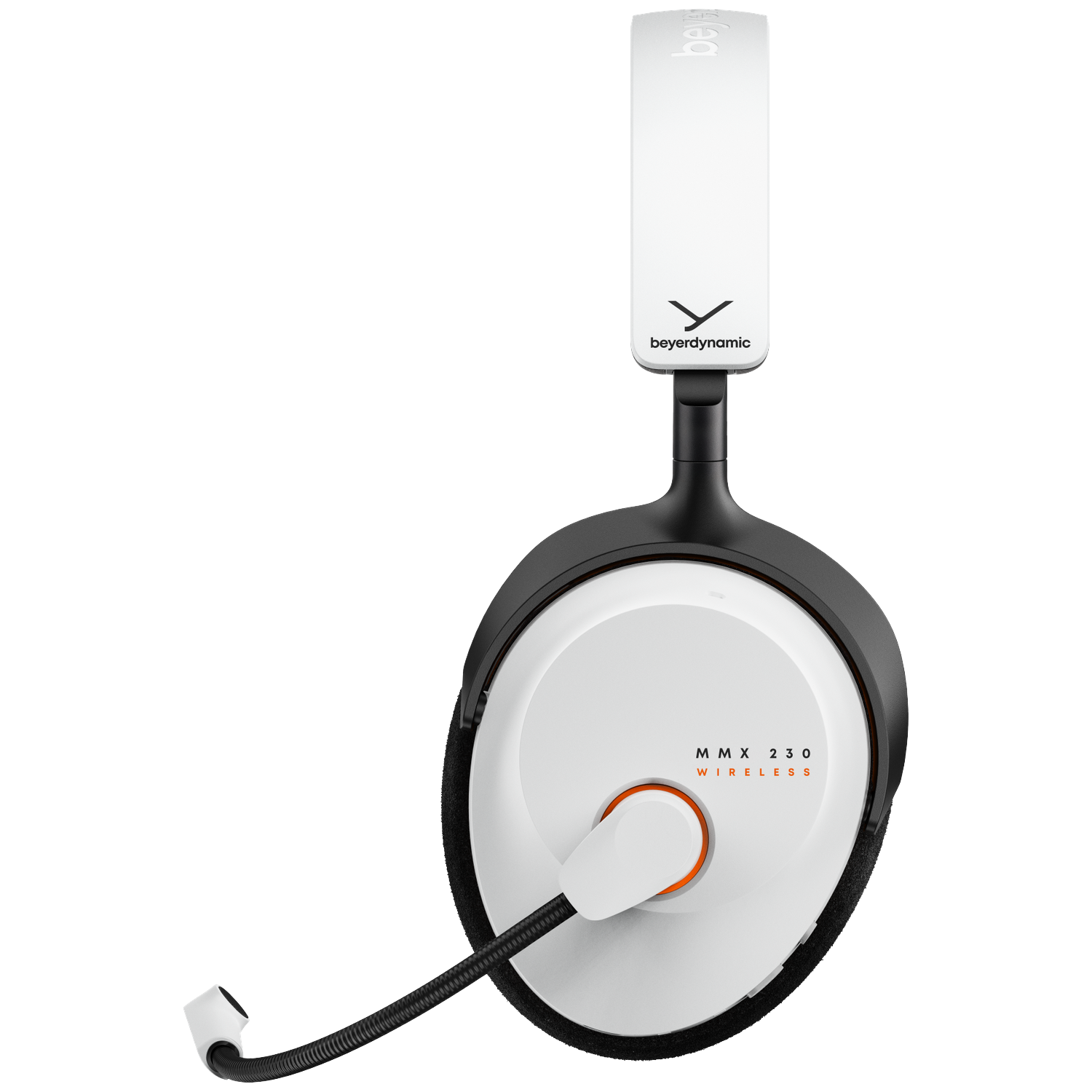 White and black Beyerdynamic MMX 230 Wireless headset, with a microphone. The earcups are white, the headband is white, and the frame is black.