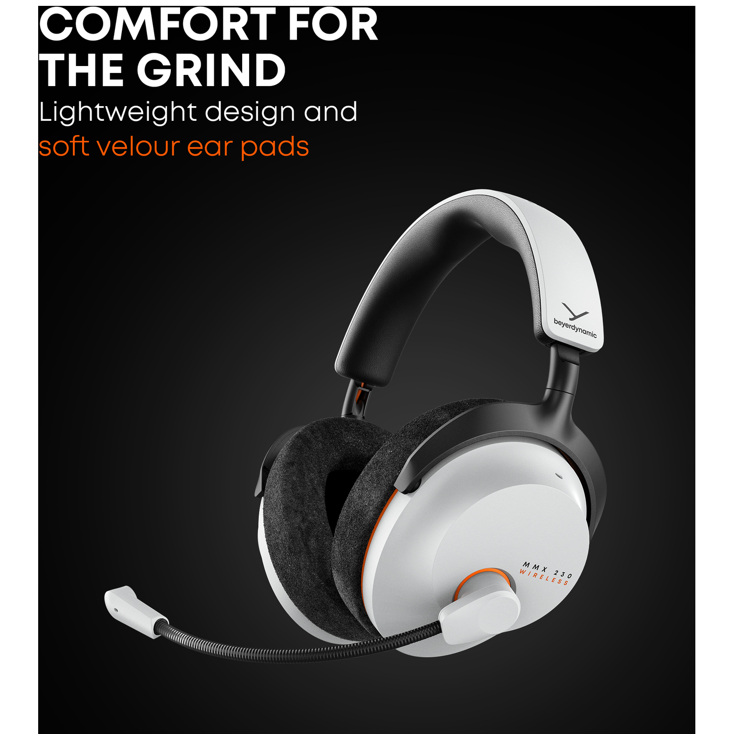 White and black headphones with a microphone, against a black background. Text reads 'Comfort for the Grind, lightweight design'.