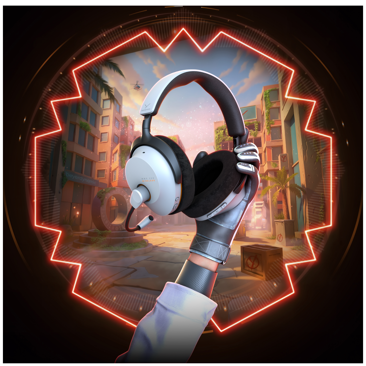 A hand holding white and black headphones in front of a city scene with a helicopter. Headphones have a microphone.