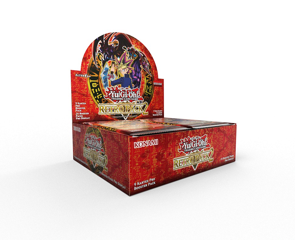 Eine Yu-Gi-Oh!-Retro-Pack-Box steht auf einer weißen Oberfläche. Die Box ist rot mit Logos und Text. Die Oberseite hat ein Kartenbild.