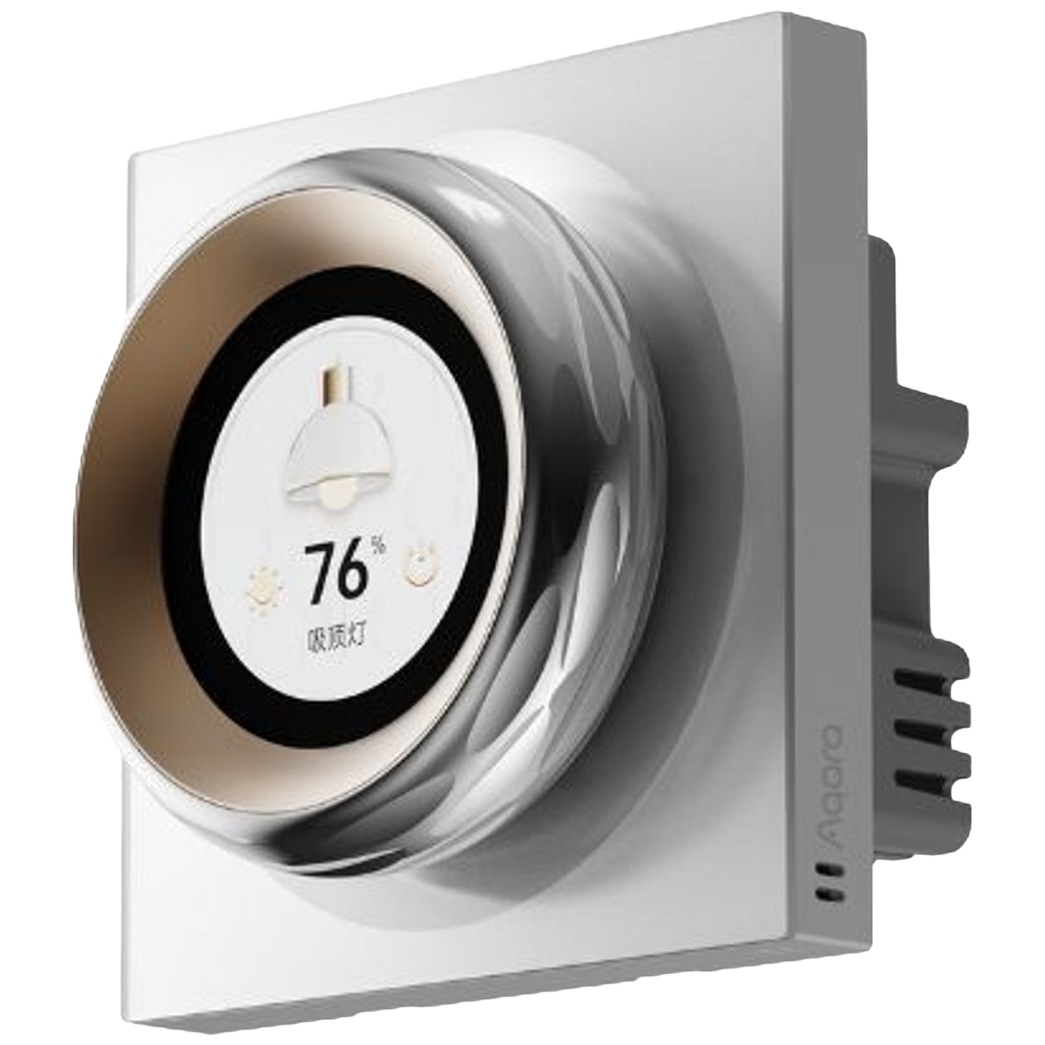 Een smart home-apparaat met een cirkelvormig display, dat 76% weergeeft. Het heeft een witte vierkante lijst en een zilveren en gouden rand.