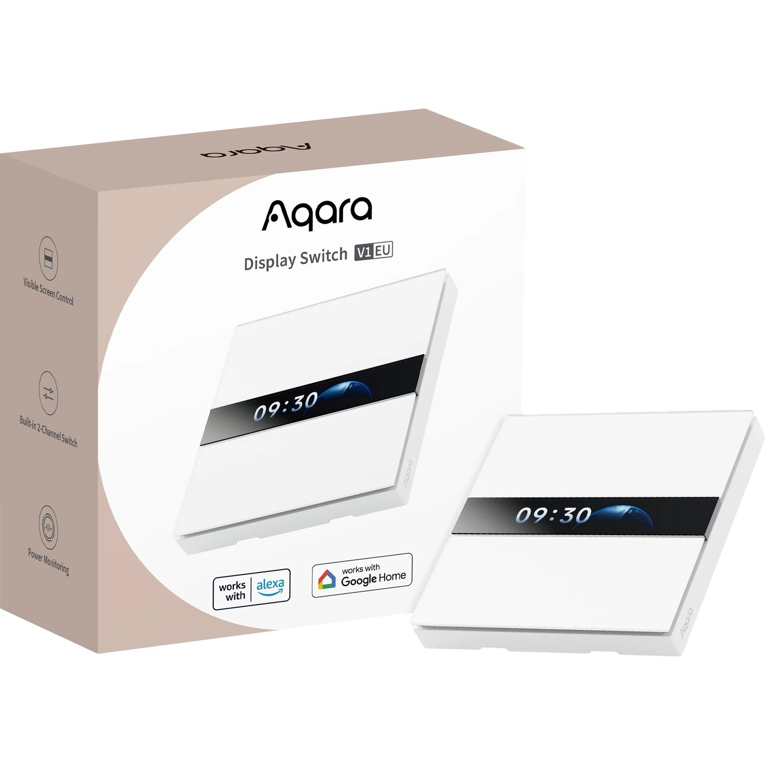 A white Aqara Display Switch with a black display showing 09:30. The box shows features and Alexa/Google Home compatibility.