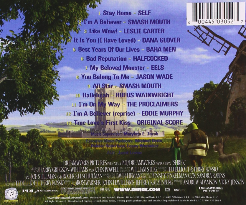 Das Cover des Shrek-Soundtracks zeigt Shrek, Fiona und Esel. Es enthält eine Titelliste vor einer Landschaftskulisse.