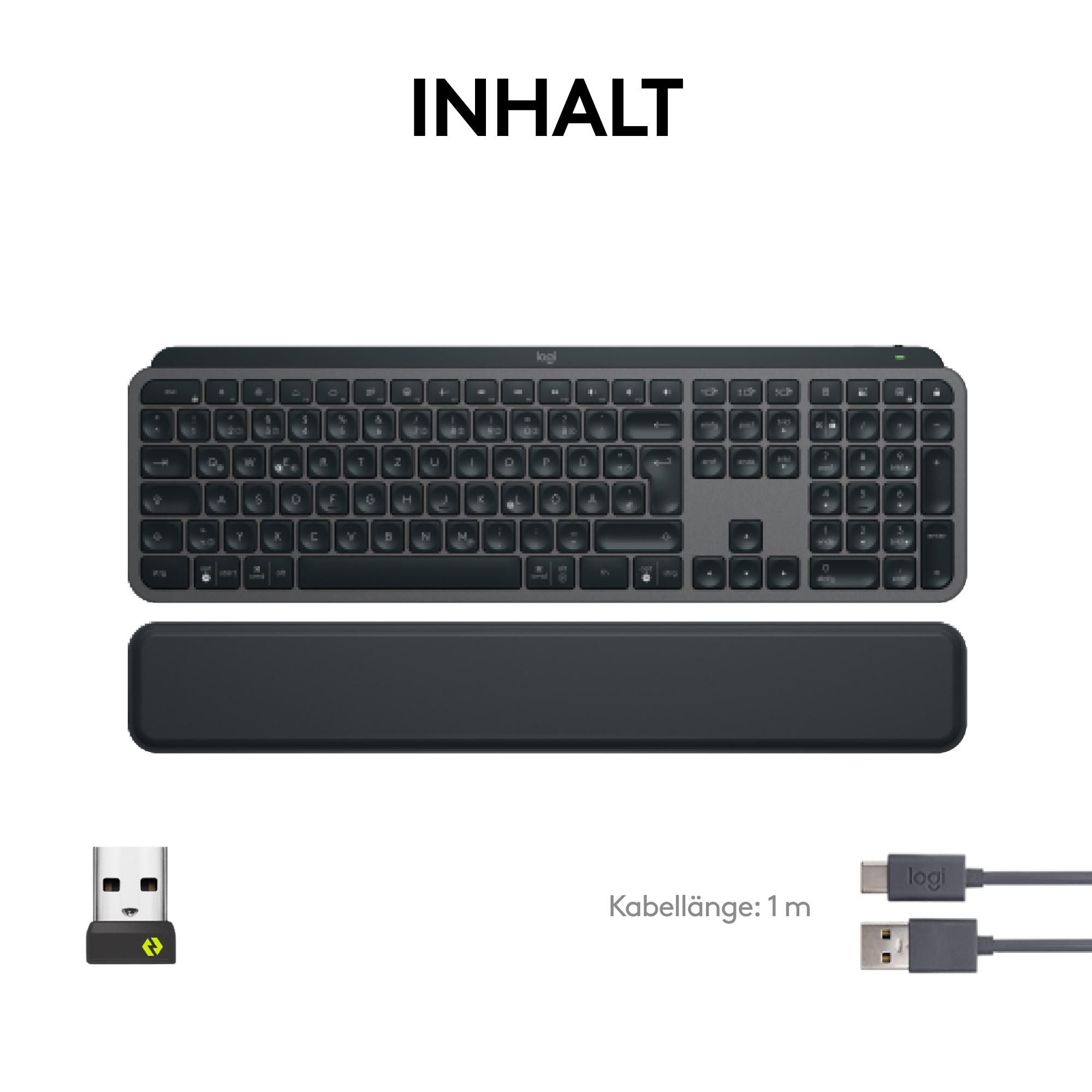 Auf weißem Hintergrund sind eine Tastatur mit Handballenauflage, ein USB-Empfänger und ein Ladekabel abgebildet.