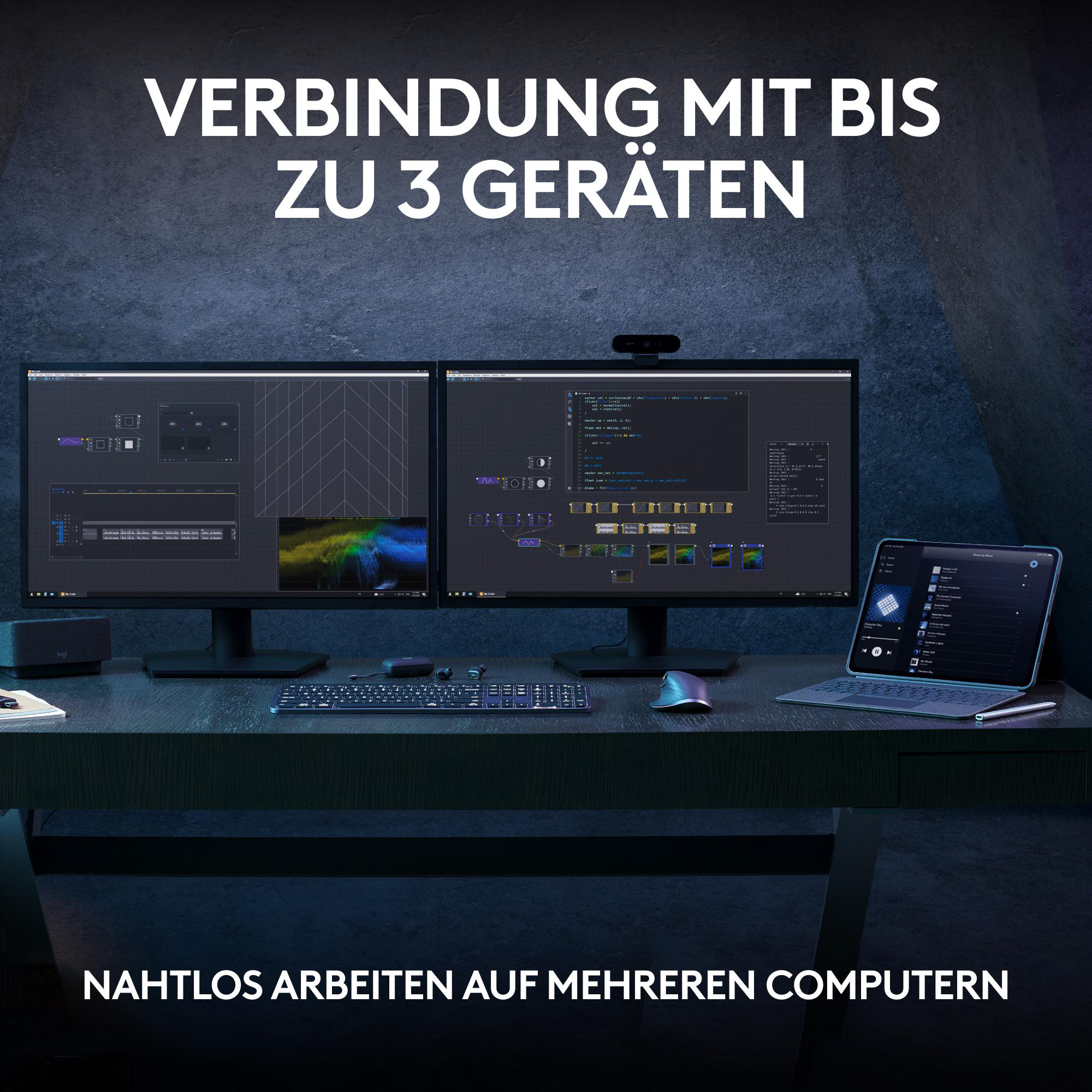 Schreibtisch mit zwei Monitoren, Tastatur, Maus und Tablet. Text oben und unten.