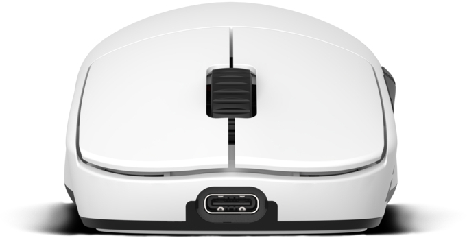 Eine weiße kabellose Computermaus mit schwarzem Scrollrad und USB-C-Anschluss, von vorne betrachtet, auf weißem Hintergrund.