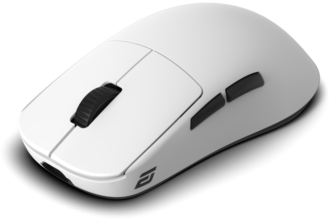 Eine weiße Computermaus mit schwarzem Scrollrad und Seitentasten. Die Maus hat ein Logo und befindet sich auf weißem Hintergrund.