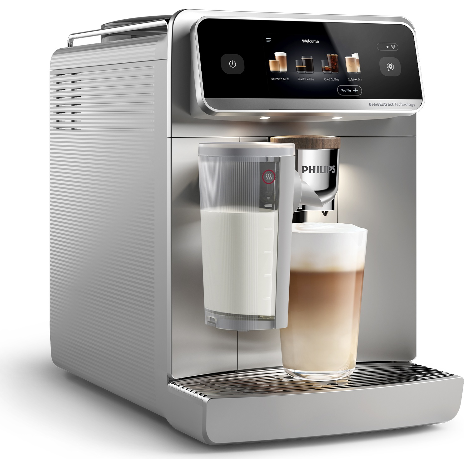 Een zilverkleurige Philips koffiemachine met een melkcontainer, een glas gelaagde koffie en een touchscreen.