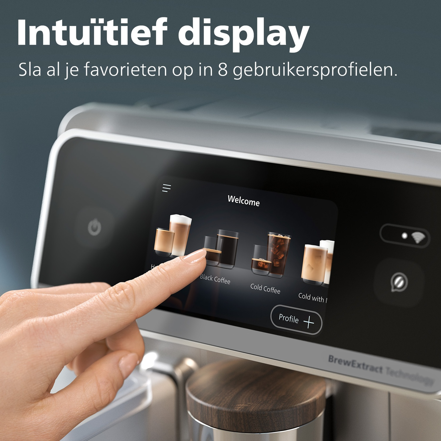 Een hand raakt het scherm van een koffiemachine aan. Het scherm toont koffieopties. De tekst luidt 'Intuïtief display'.