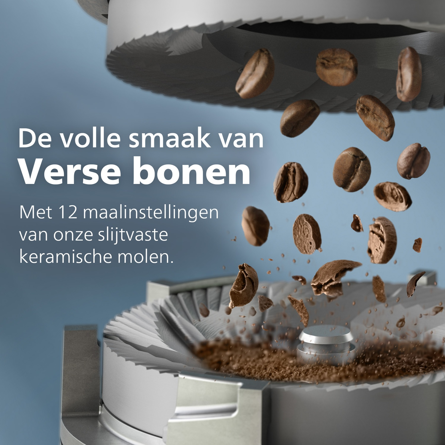 Koffiebonen vallen in een molen. De tekst zegt 'Verse bonen'. De molen is zilver, koffiebonen zijn bruin en de achtergrond is blauw.