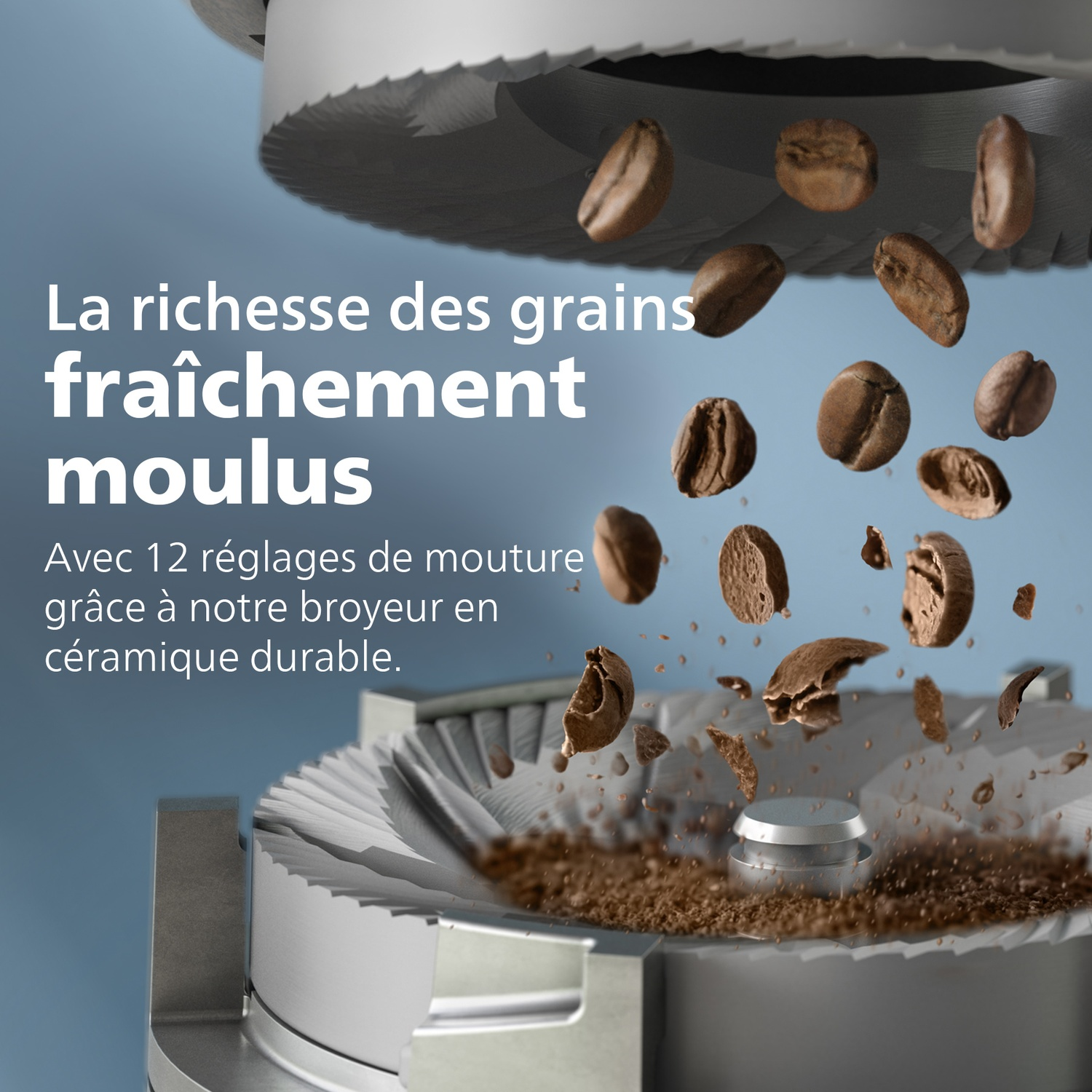 Grains de café tombant dans un moulin, le texte dit : La richesse des grains fraîchement moulus. Avec 12 réglages.