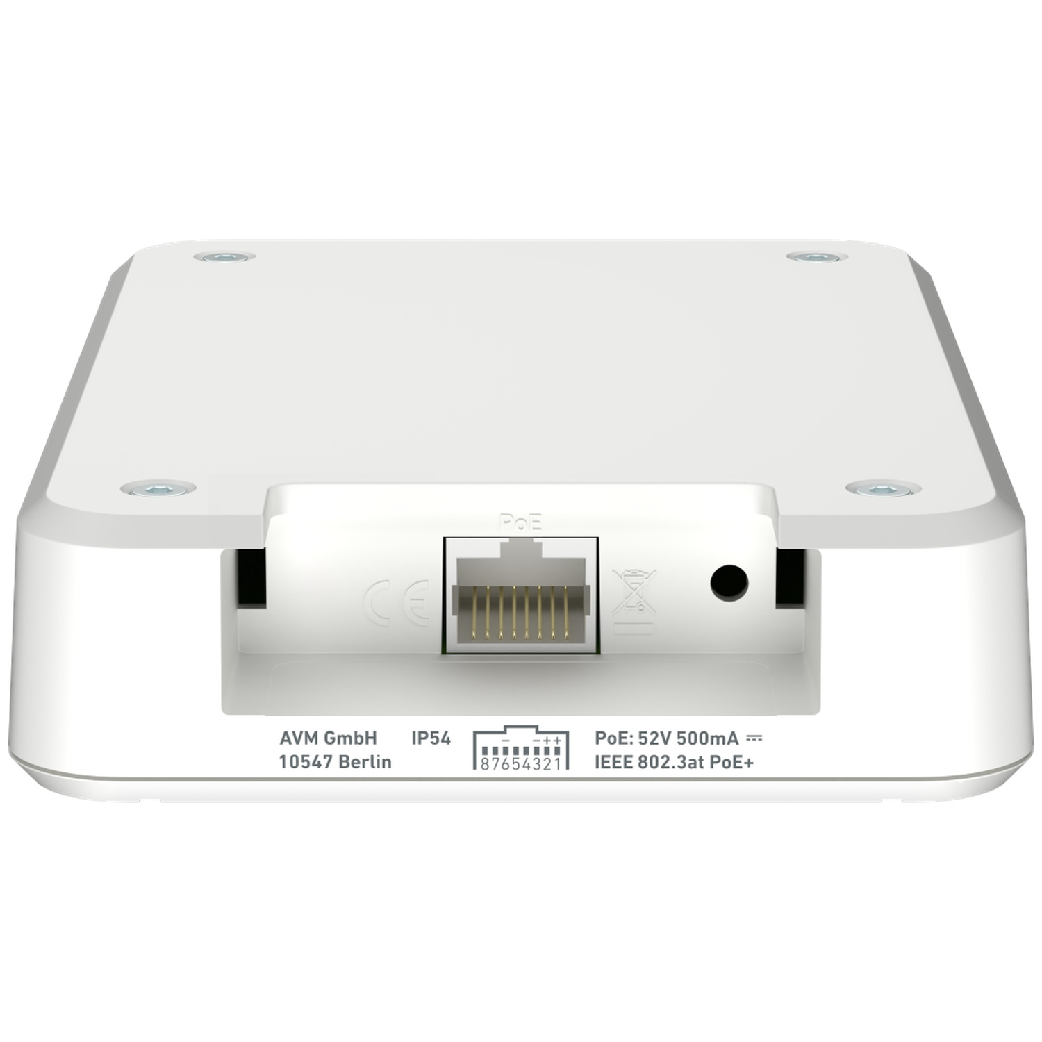 Un appareil réseau blanc avec un port, des étiquettes et le logo AVM GmbH. Il porte les marquages PoE et CE.