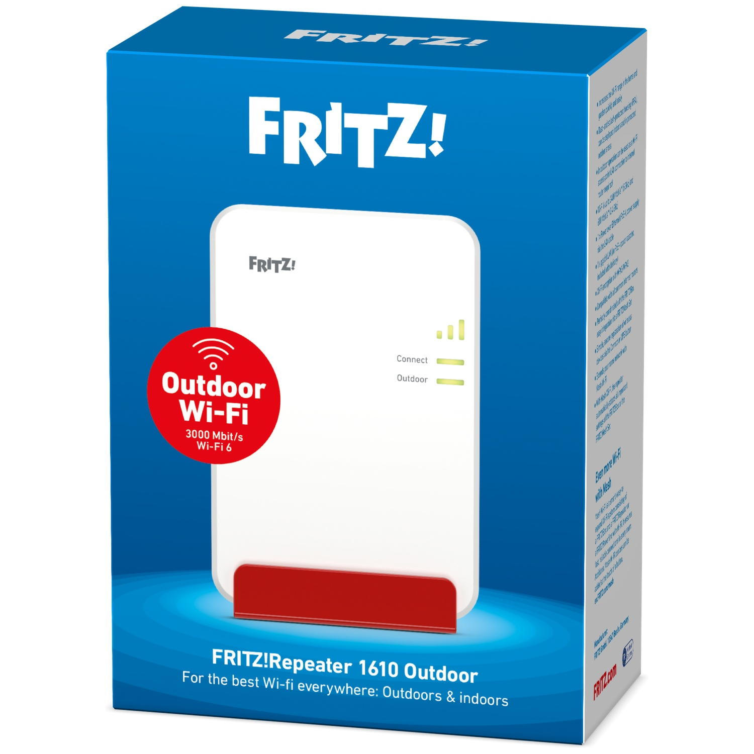 Boîte du FRITZ!Repeater 1610 Outdoor. Cercle rouge avec texte Wi-Fi extérieur, appareil blanc, fond bleu.