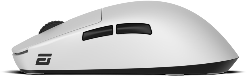 Eine weiße Computermaus mit schwarzen Akzenten, darunter ein Scrollrad, Seitentasten und eine Basis. Die Maus hat ein Logo.