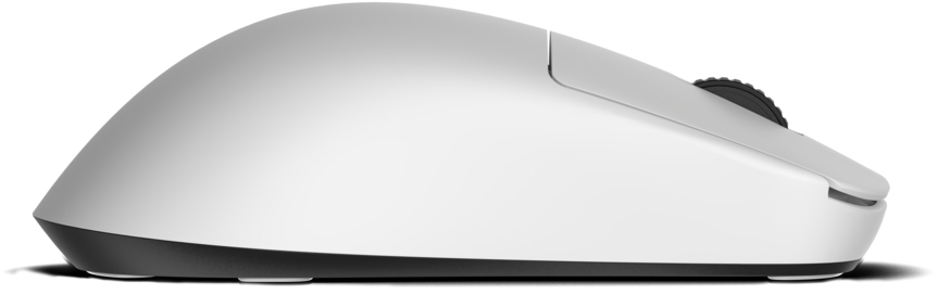 Eine weiße Computermaus. Es ist ein schlankes Design mit schwarzer Basis und Scrollrad.
