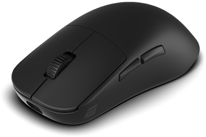 Eine schwarze Computermaus mit Scrollrad, zwei Seitentasten und einem Logo. Sie liegt auf einer weißen Oberfläche.