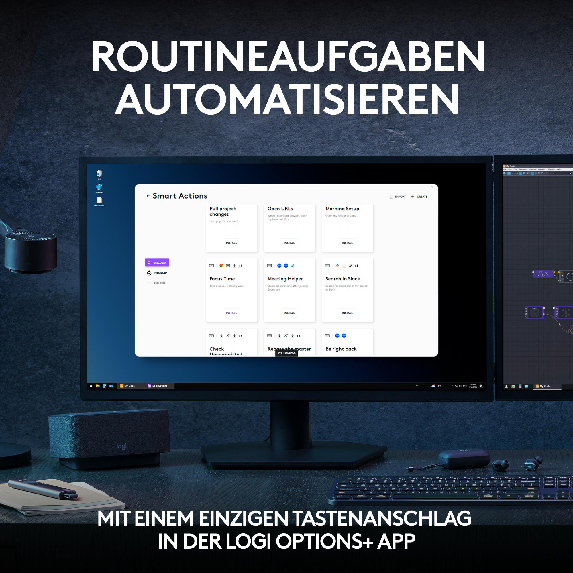 Ein Computer-Setup mit zwei Monitoren, Tastatur, Maus und Lautsprecher. Die Bildschirme zeigen Software-Oberflächen.