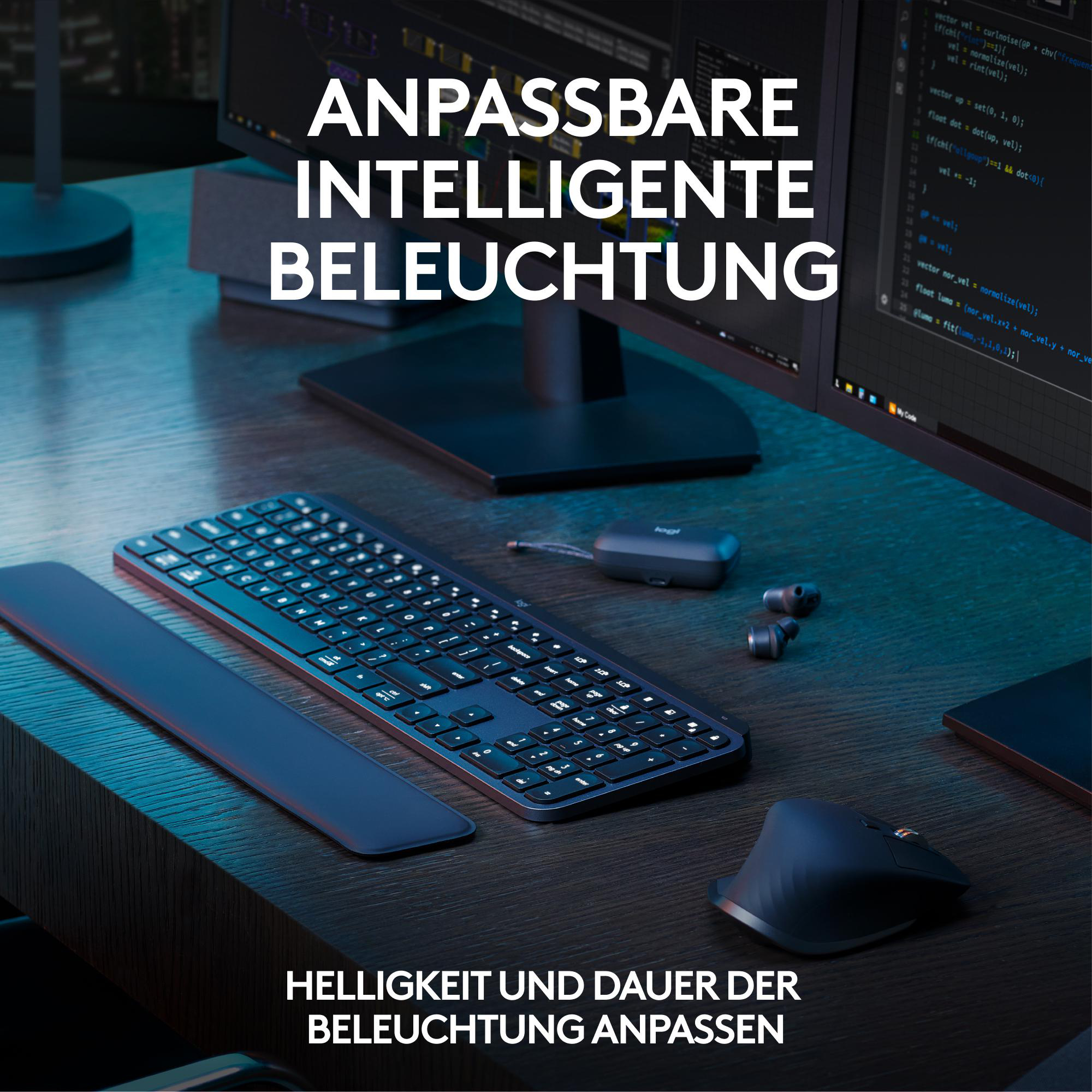 Ein Schreibtisch mit Tastatur, Maus und Monitor. Text lautet: 'Einstellbare intelligente Beleuchtung'.
