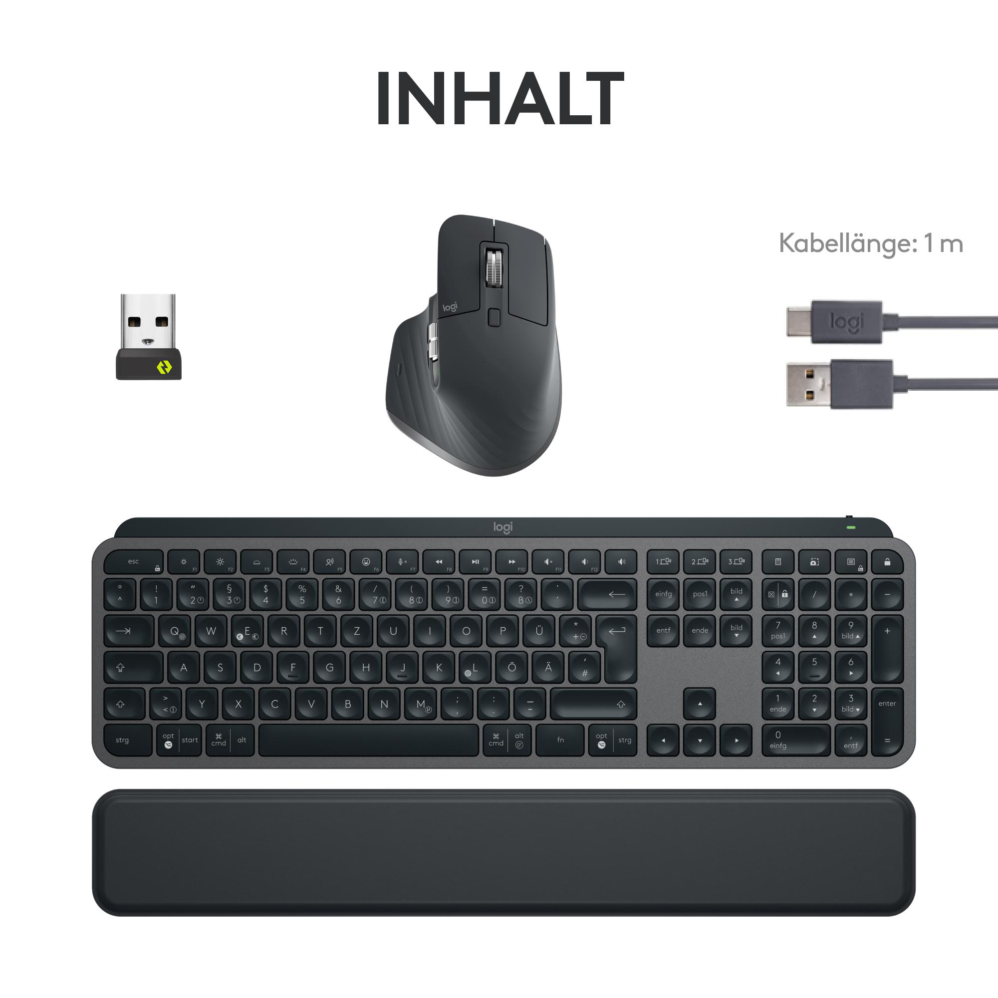 Eine Logitech-Tastatur, -Maus, -USB-Empfänger und -Handballenauflage liegen auf weißem Untergrund.