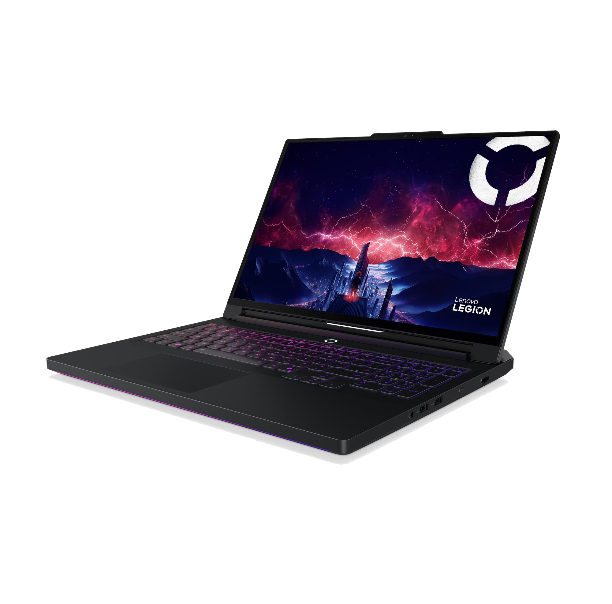 Una laptop Lenovo Legion negra está abierta. La pantalla muestra un paisaje urbano con tonos rojos y morados.