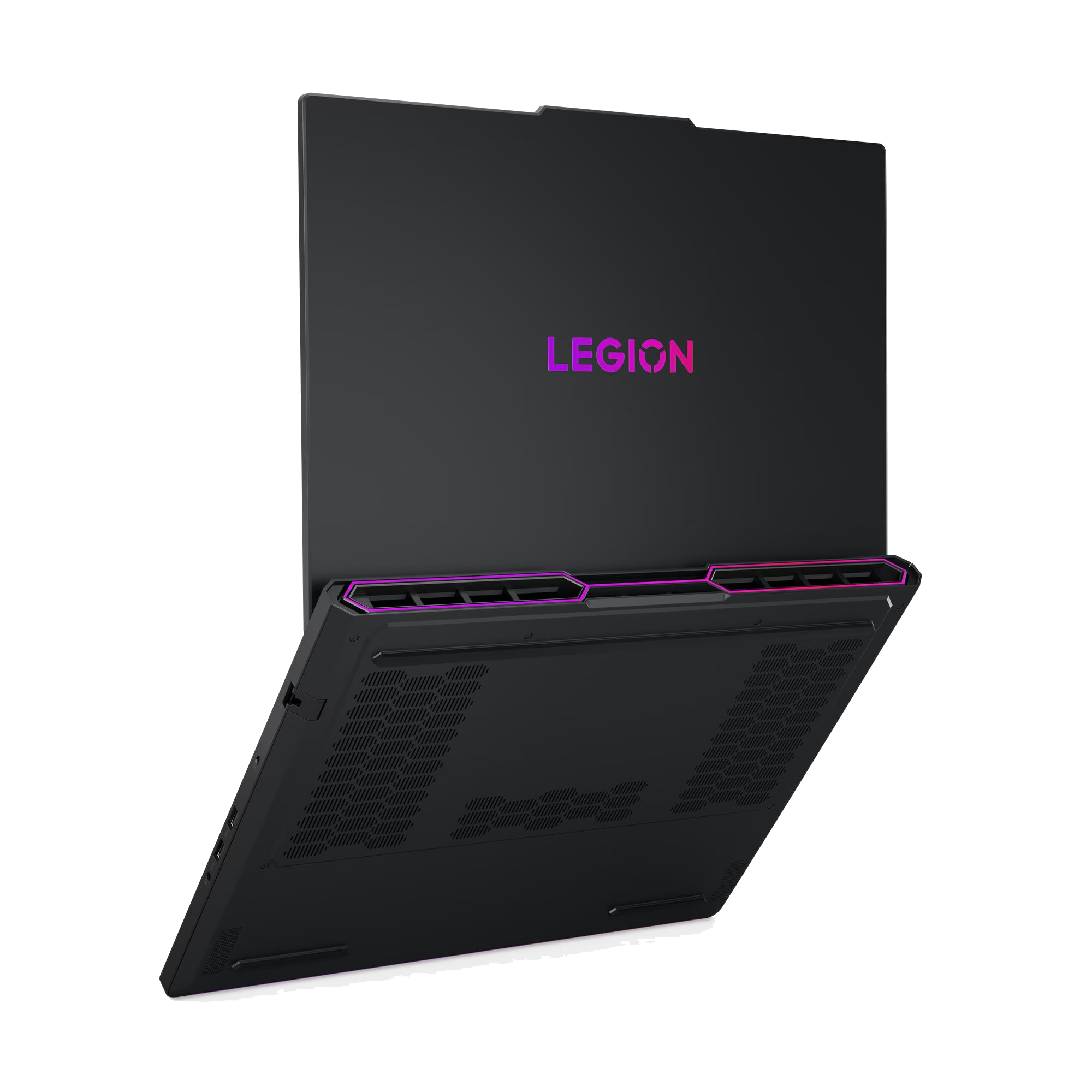 Portátil Legion negro sobre fondo negro. El logotipo de Legion es visible. El portátil está ligeramente abierto, mostrando la parte inferior.