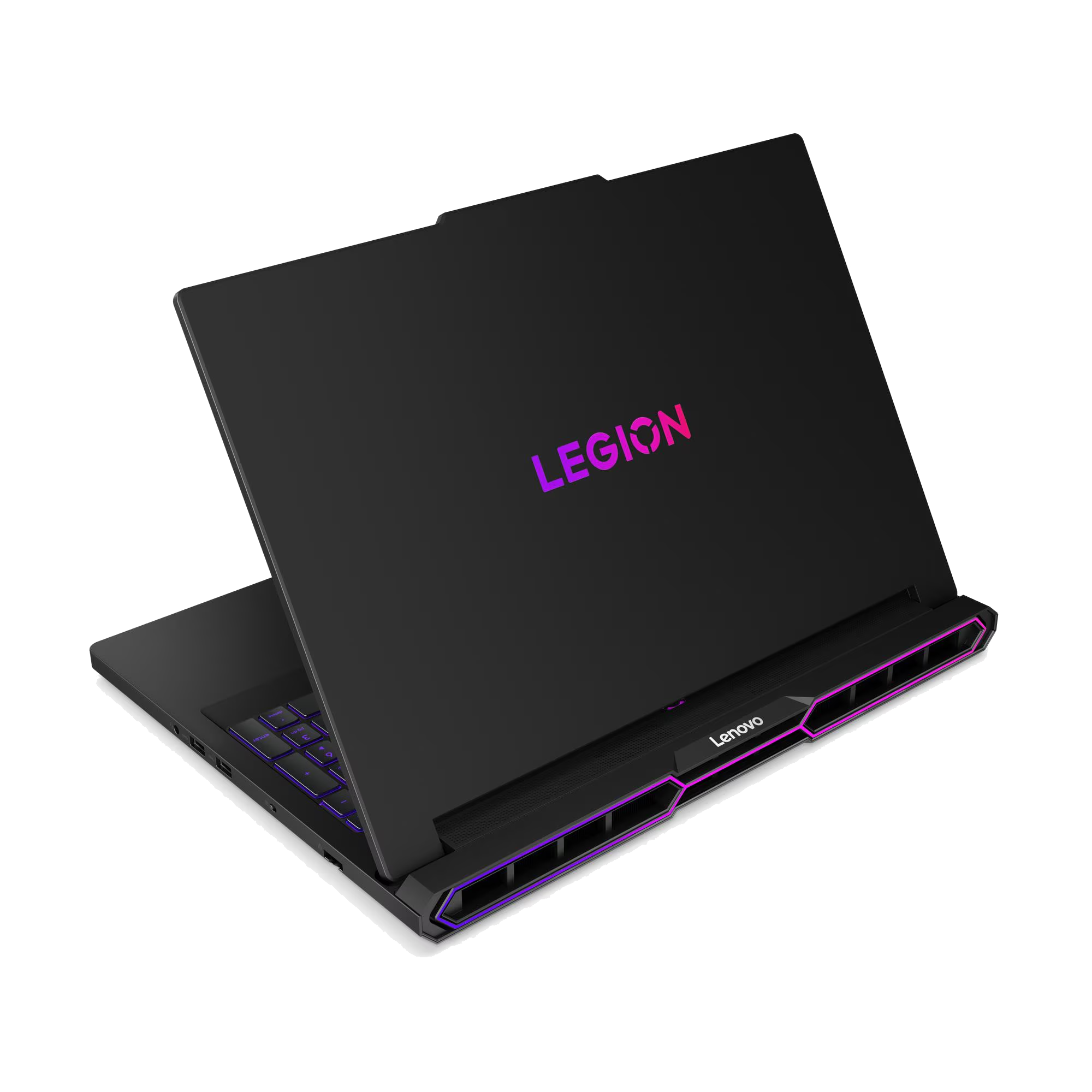 Portátil Lenovo Legion negro sobre fondo negro, parcialmente abierto. Logotipo de Legion visible. El teclado está iluminado.