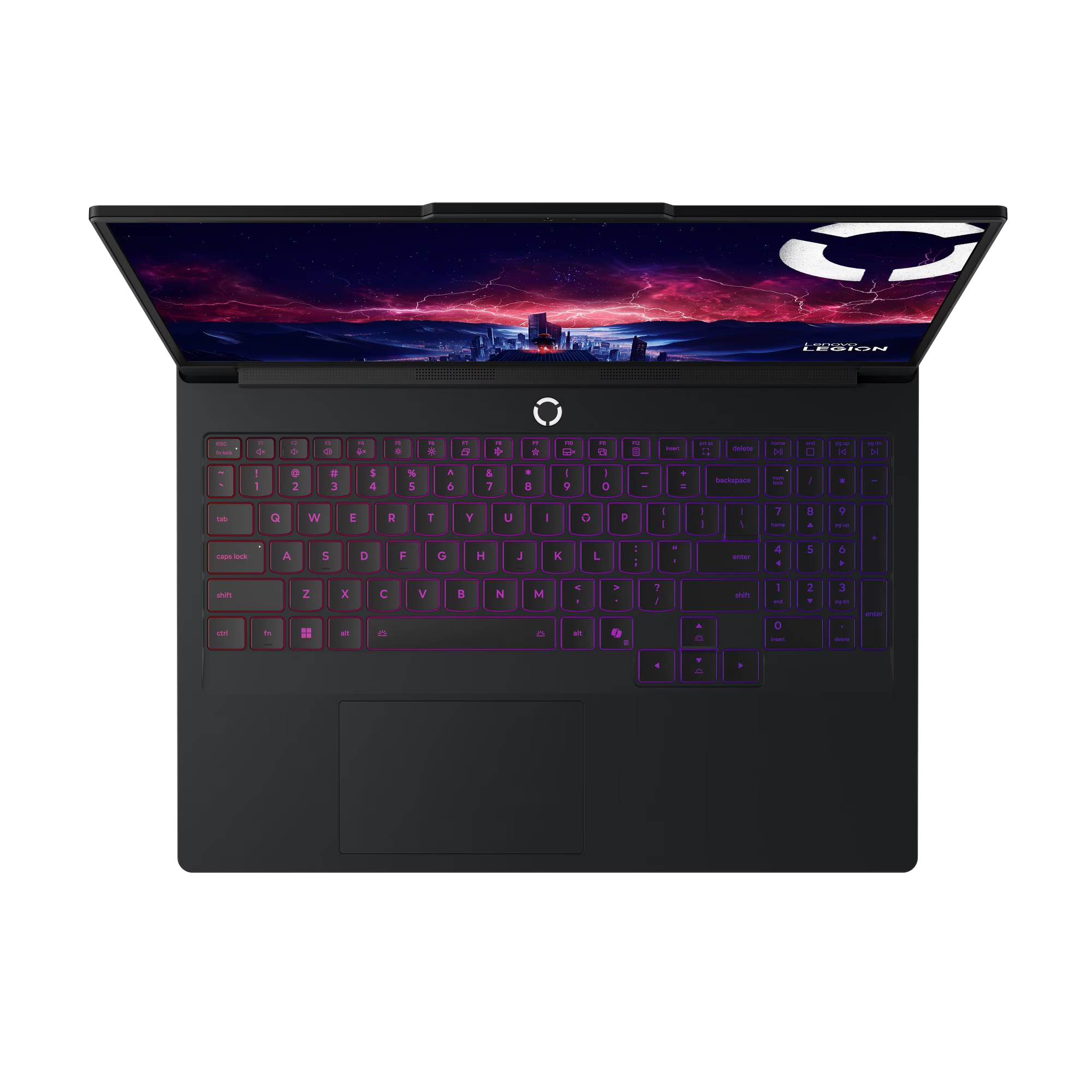 Ordenador portátil con teclado retroiluminado y pantalla que muestra una ciudad nocturna. Logotipo de Lenovo Legion.