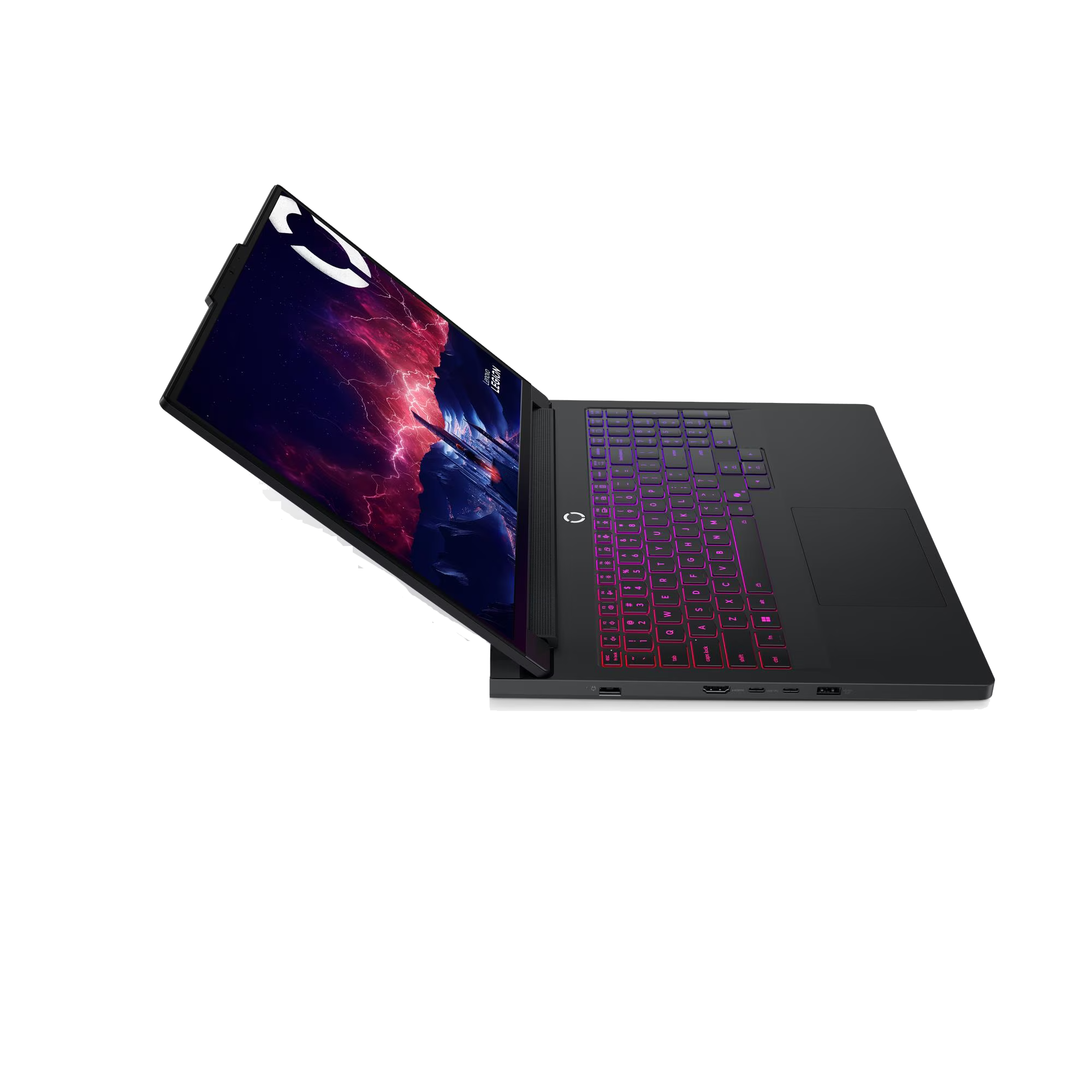 Portátil Lenovo Legion negro con teclado iluminado, pantalla con imagen de nebulosa, sobre fondo negro.
