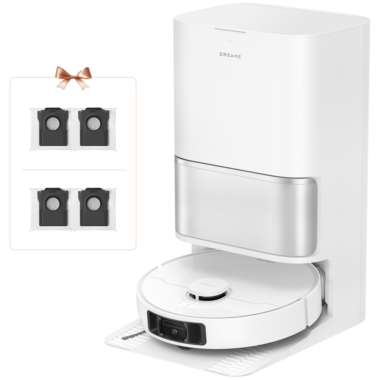 Een witte robotstofzuiger met een oplaadstation. De stofzuiger staat op een witte basis. Vervangende zakken links.