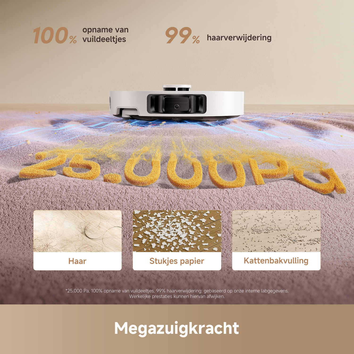 Een robotstofzuiger op een tapijt met stof en vuil. Toont percentages van reinigingsefficiëntie en voorbeelden van gereinigde items.