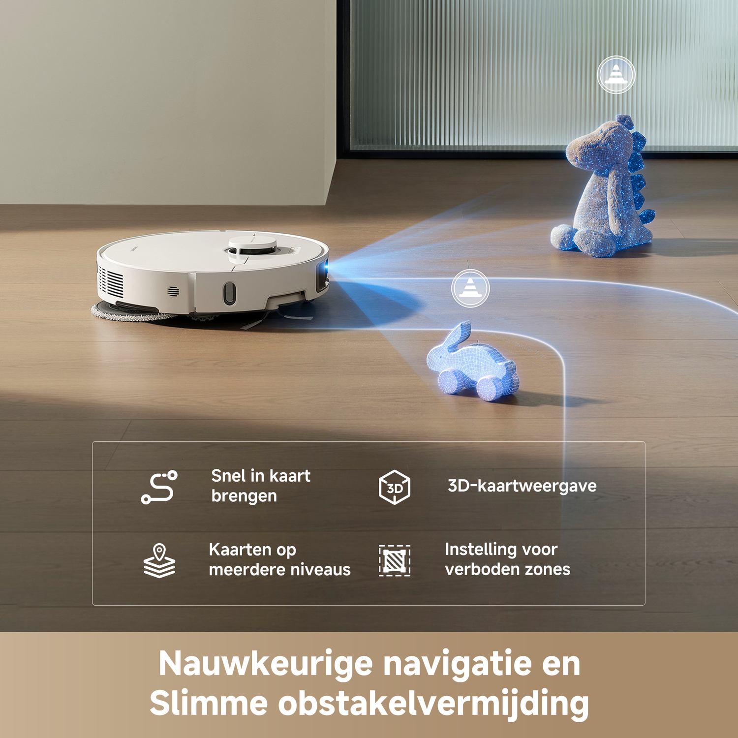 Een robotstofzuiger navigeert rond een blauwe speelgoeddino en een speelgoedkonijn op een houten vloer.