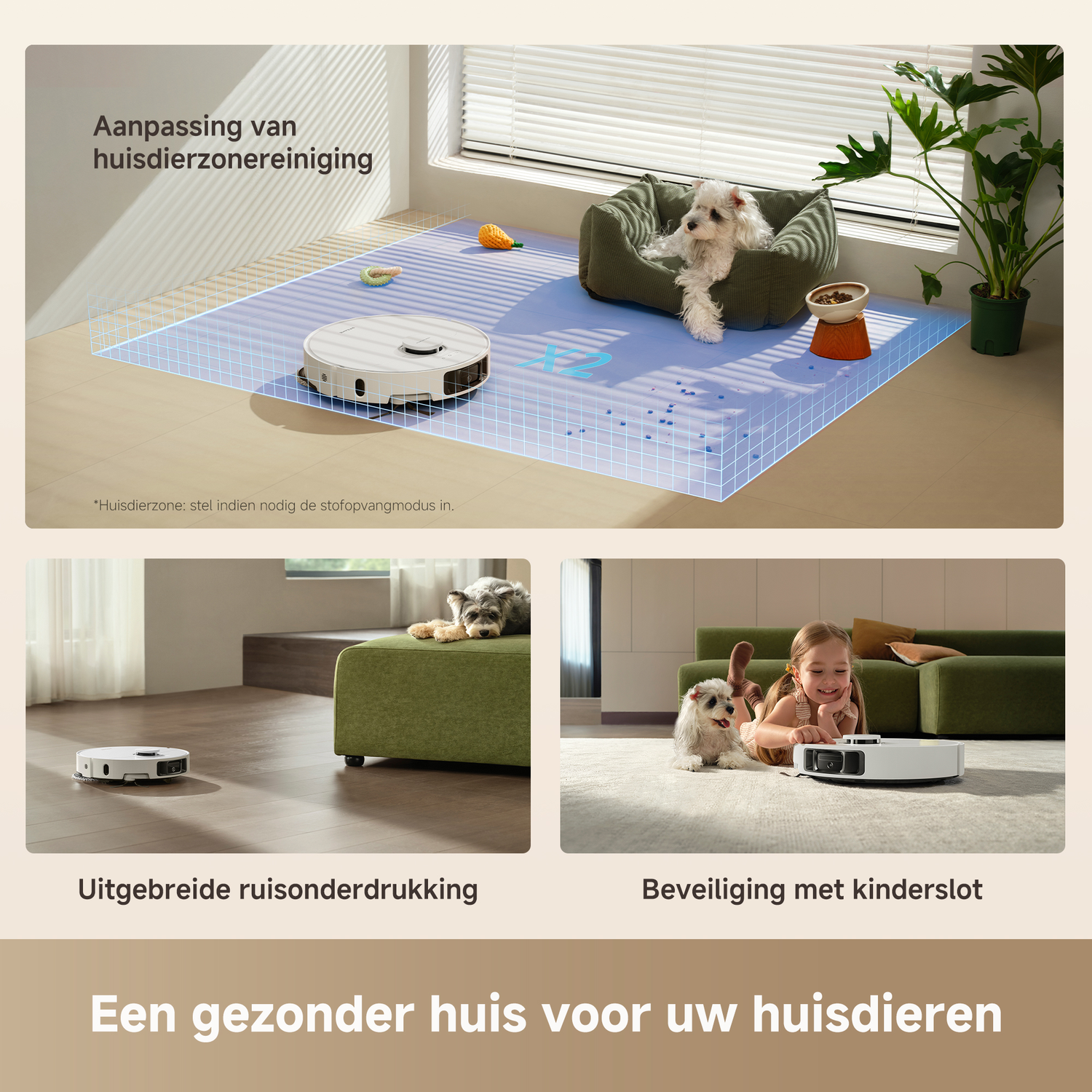 Een robotstofzuiger reinigt een blauw gemarkeerd gebied. Een hond zit op een groene bank. Een meisje en een hond zijn in de buurt van de stofzuiger.