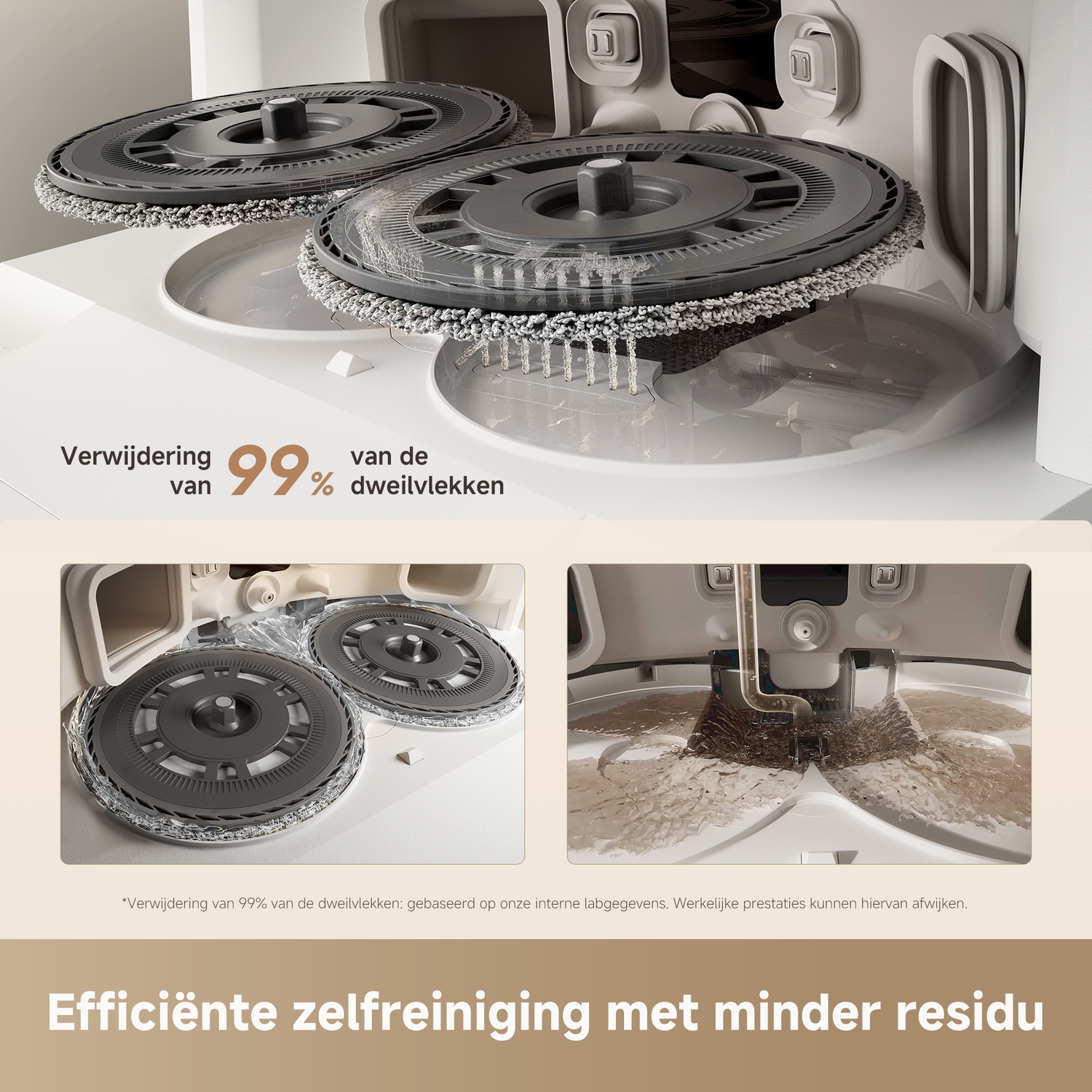 De afbeelding toont een reinigingsapparaat met twee roterende cirkelvormige pads. De tekst geeft 99% vlekverwijdering en efficiënte zelfreiniging aan.