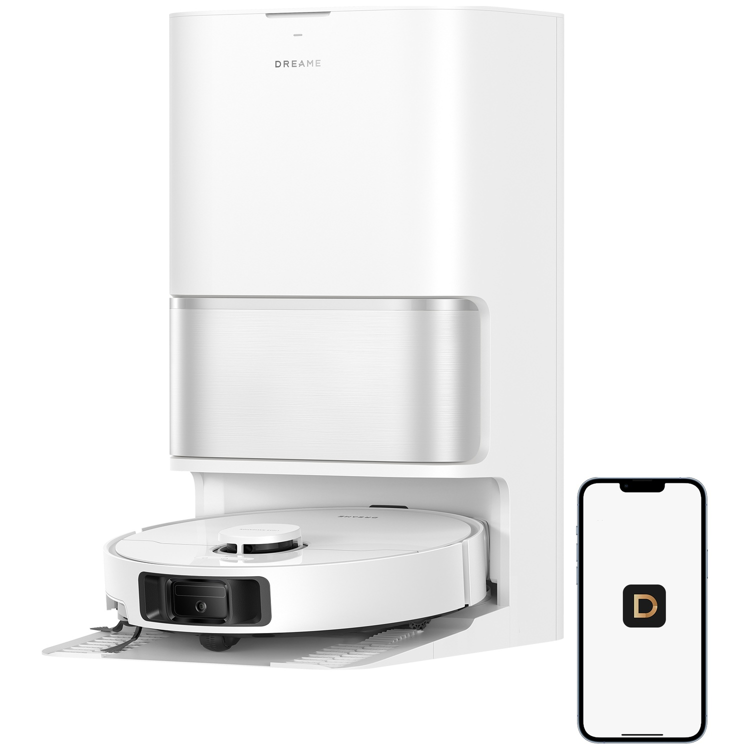 Un aspirateur robot blanc est dans sa station de charge. Un smartphone affiche un logo 'D', suggérant une application.